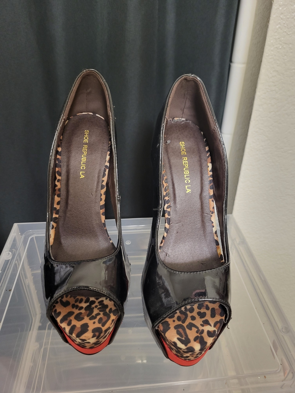 Shoe Republic LA Black Patent Peep-Toe Heels with Red Sole & Leopard Accent - Picture 2 of 4